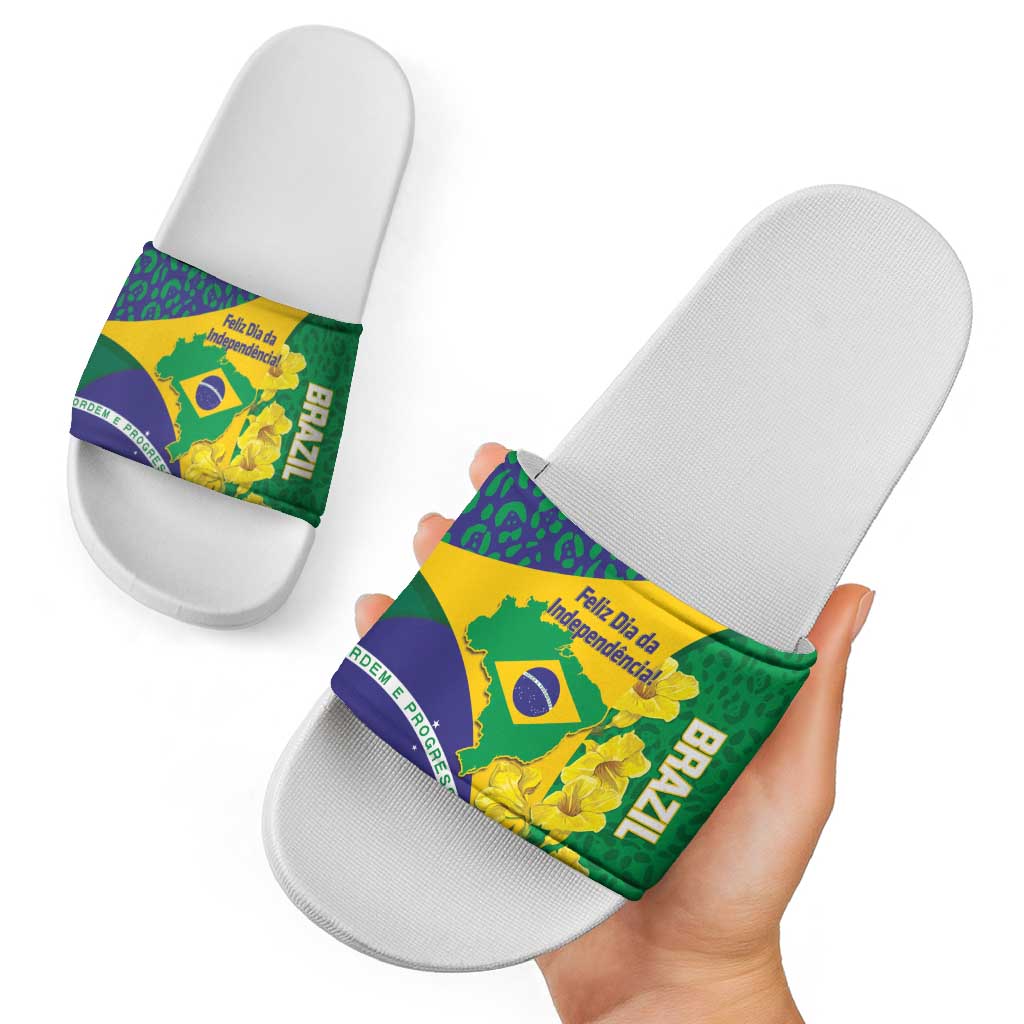 Brazil Independence Day Slide Sandals Ordem e Progresso Map With Golden Trumpet - Wonder Print Shop