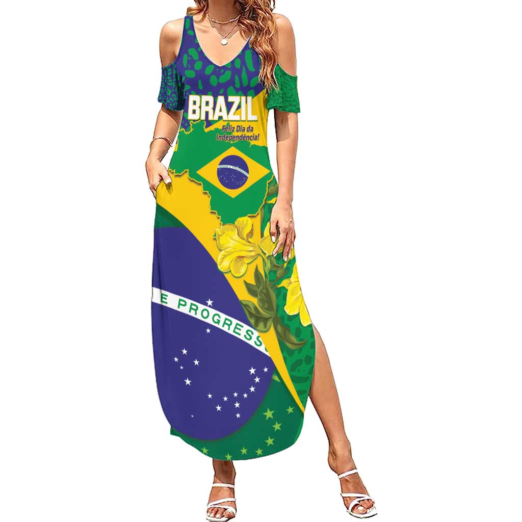 Brazil Independence Day Summer Maxi Dress Ordem e Progresso Map With Golden Trumpet - Wonder Print Shop