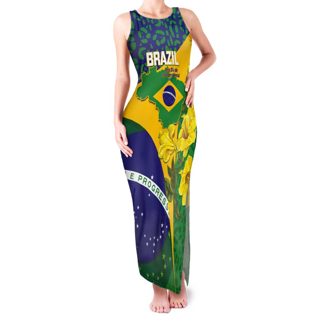 Brazil Independence Day Tank Maxi Dress Ordem e Progresso Map With Golden Trumpet - Wonder Print Shop
