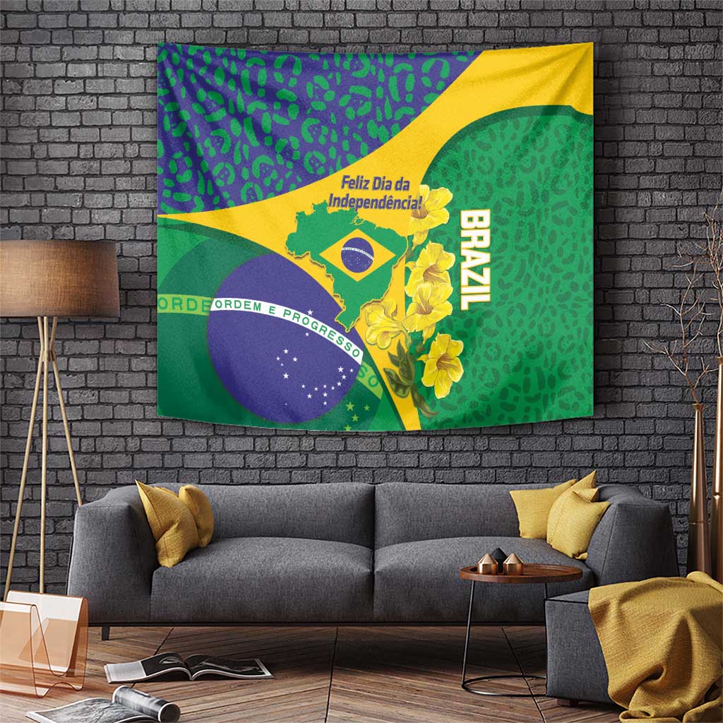 Brazil Independence Day Tapestry Ordem e Progresso Map With Golden Trumpet - Wonder Print Shop