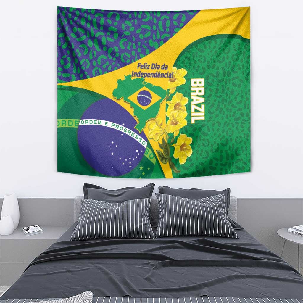 Brazil Independence Day Tapestry Ordem e Progresso Map With Golden Trumpet - Wonder Print Shop