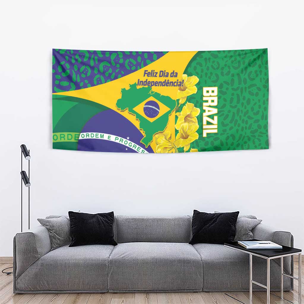 Brazil Independence Day Tapestry Ordem e Progresso Map With Golden Trumpet - Wonder Print Shop