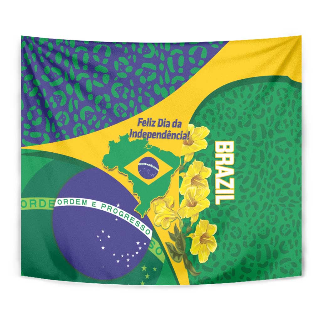 Brazil Independence Day Tapestry Ordem e Progresso Map With Golden Trumpet - Wonder Print Shop