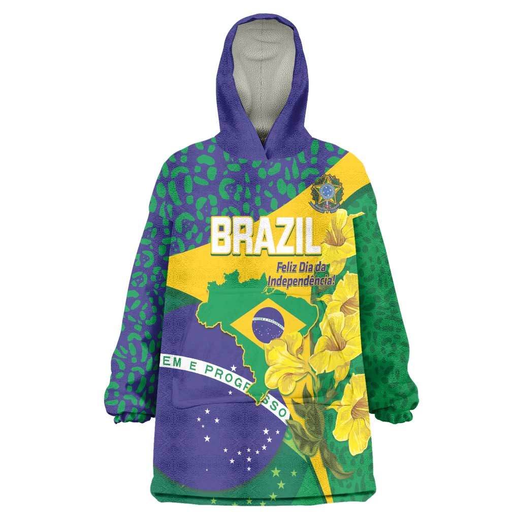 Brazil Independence Day Wearable Blanket Hoodie Ordem e Progresso Map With Golden Trumpet - Wonder Print Shop