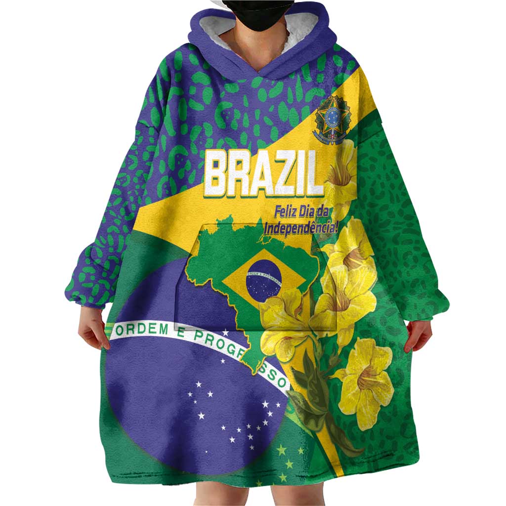 Brazil Independence Day Wearable Blanket Hoodie Ordem e Progresso Map With Golden Trumpet - Wonder Print Shop