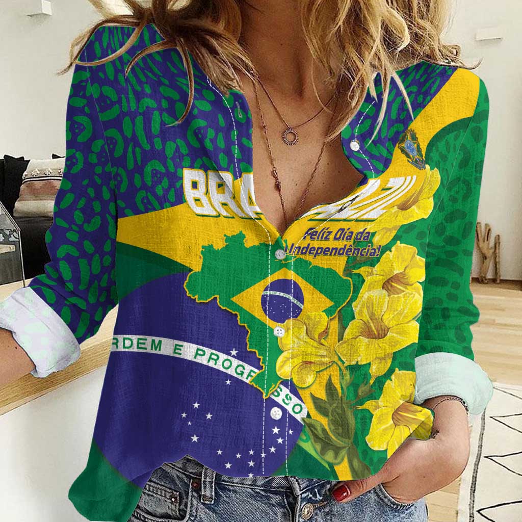 Brazil Independence Day Women Casual Shirt Ordem e Progresso Map With Golden Trumpet - Wonder Print Shop