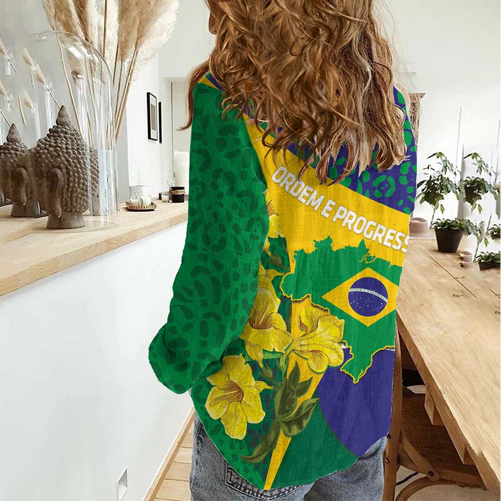 Brazil Independence Day Women Casual Shirt Ordem e Progresso Map With Golden Trumpet - Wonder Print Shop