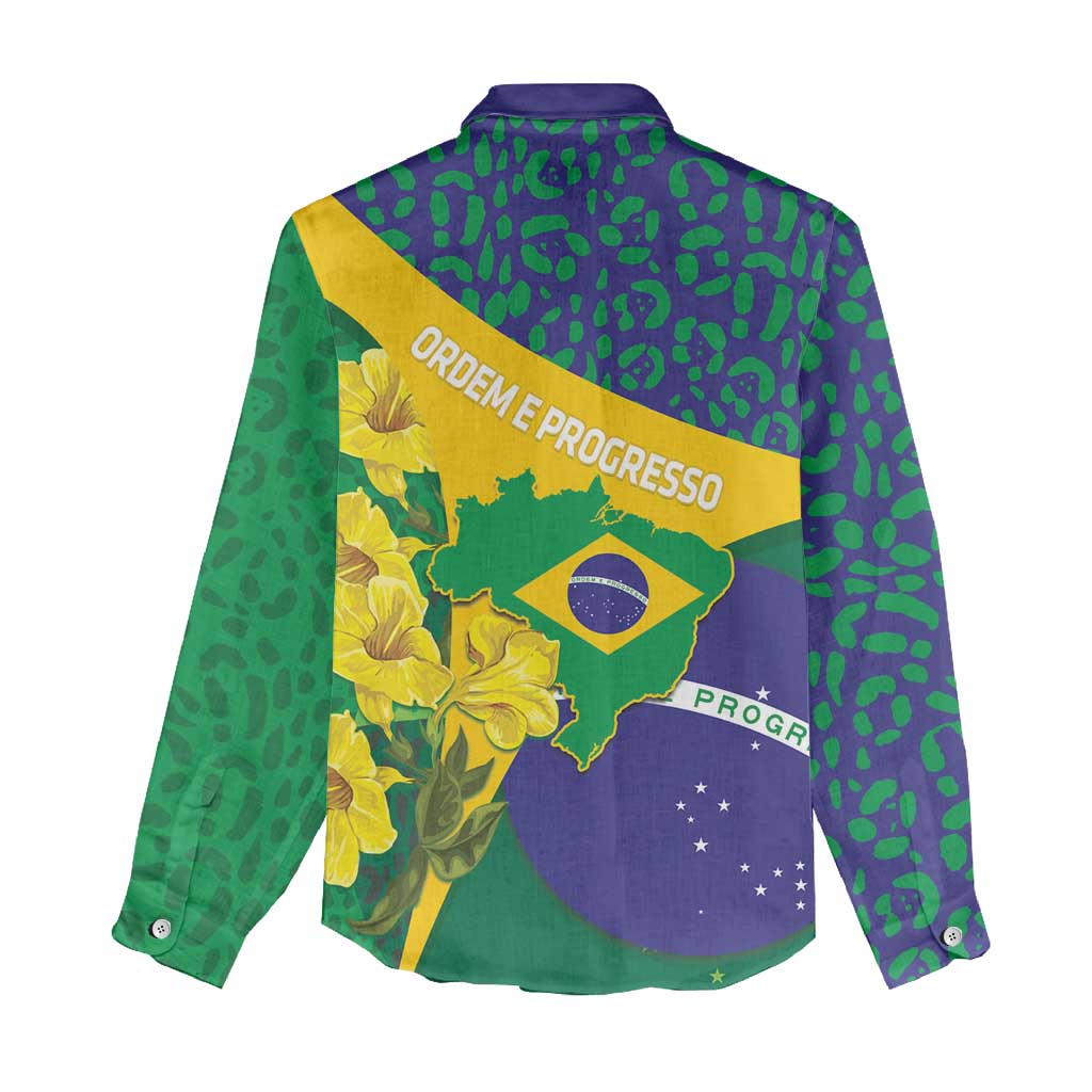 Brazil Independence Day Women Casual Shirt Ordem e Progresso Map With Golden Trumpet - Wonder Print Shop