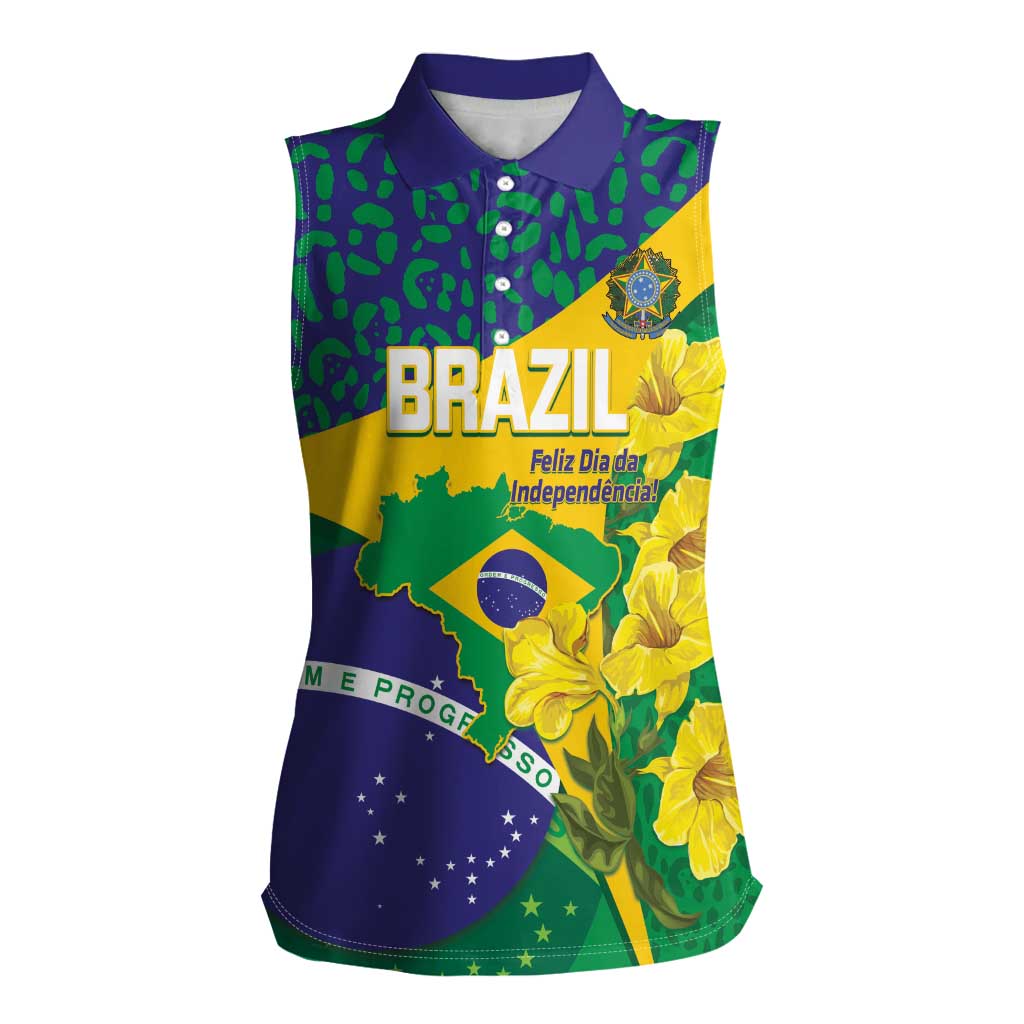 Brazil Independence Day Women Sleeveless Polo Shirt Ordem e Progresso Map With Golden Trumpet - Wonder Print Shop