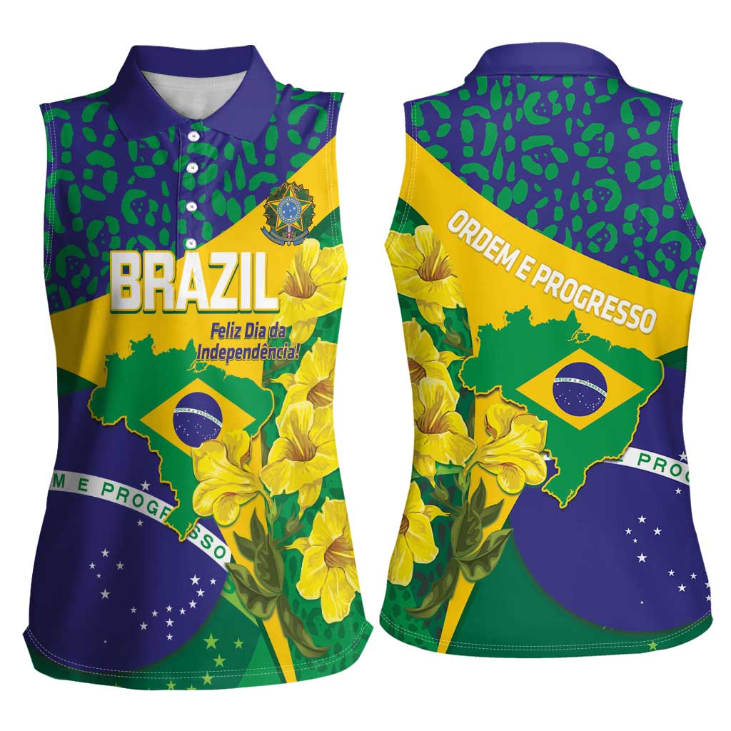 Brazil Independence Day Women Sleeveless Polo Shirt Ordem e Progresso Map With Golden Trumpet - Wonder Print Shop