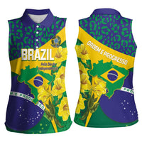 Brazil Independence Day Women Sleeveless Polo Shirt Ordem e Progresso Map With Golden Trumpet - Wonder Print Shop