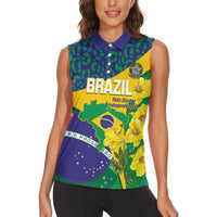 Brazil Independence Day Women Sleeveless Polo Shirt Ordem e Progresso Map With Golden Trumpet - Wonder Print Shop
