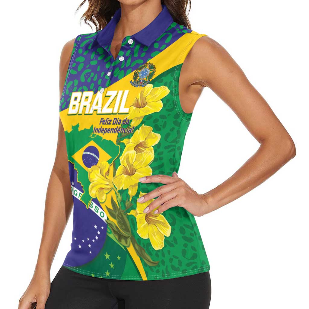 Brazil Independence Day Women Sleeveless Polo Shirt Ordem e Progresso Map With Golden Trumpet - Wonder Print Shop