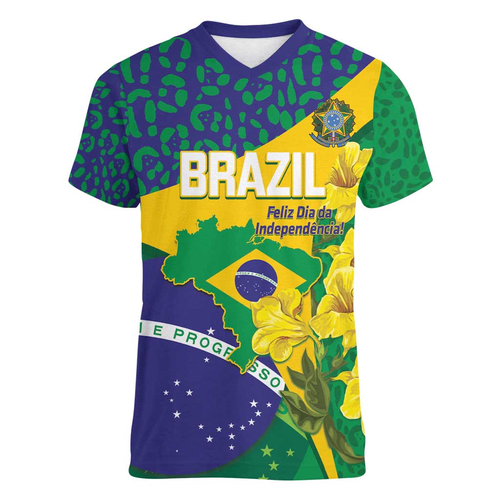 Brazil Independence Day Women V-Neck T-Shirt Ordem e Progresso Map With Golden Trumpet - Wonder Print Shop