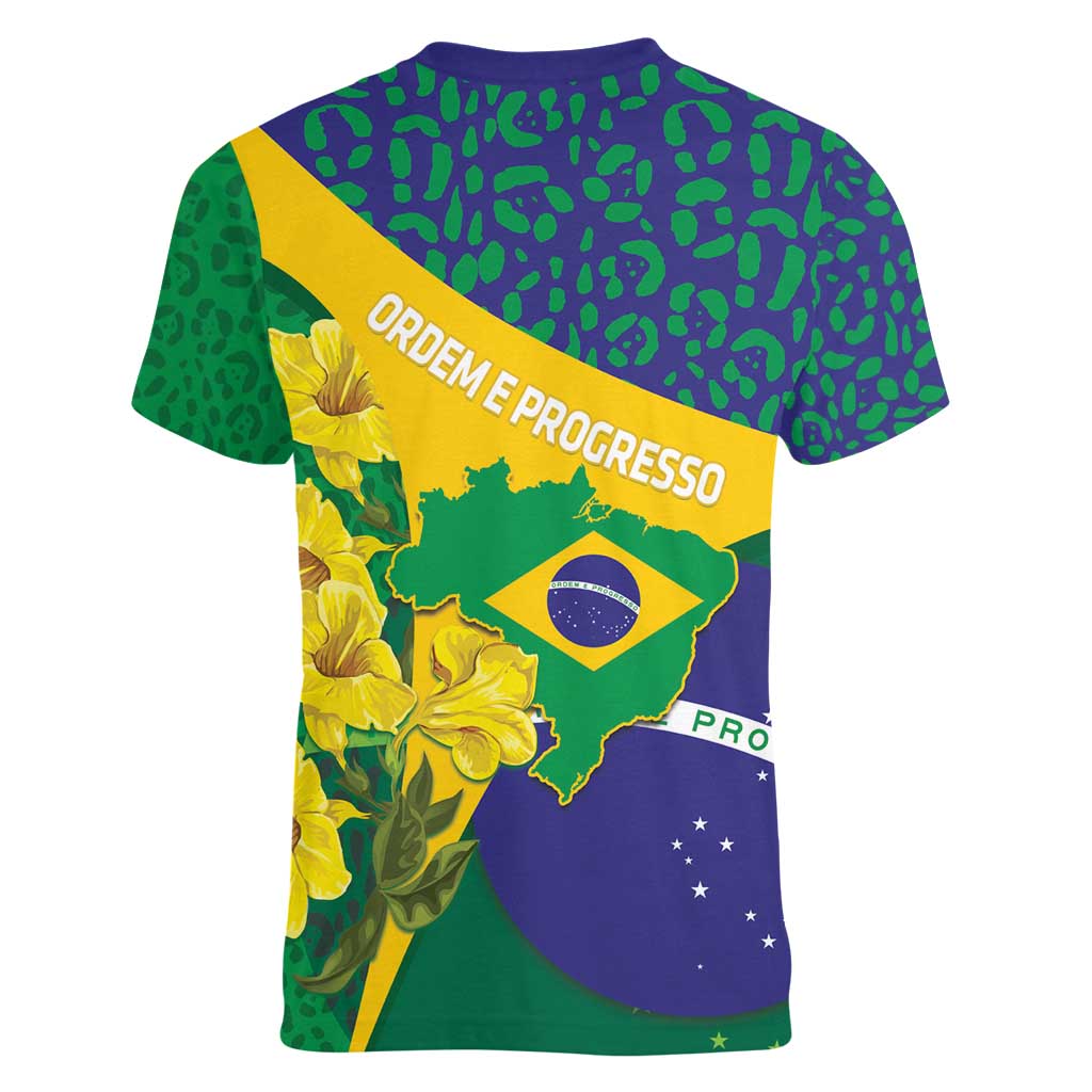 Brazil Independence Day Women V-Neck T-Shirt Ordem e Progresso Map With Golden Trumpet - Wonder Print Shop
