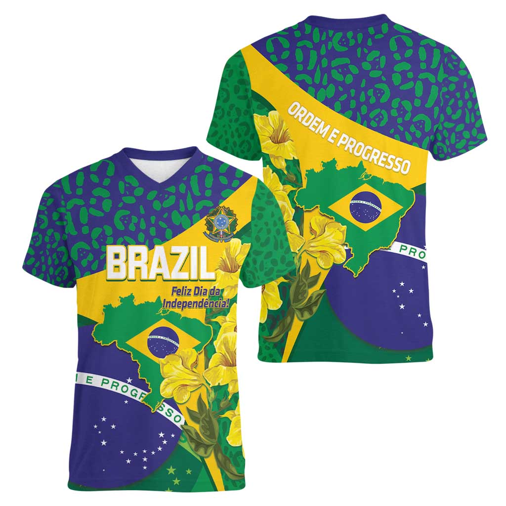 Brazil Independence Day Women V-Neck T-Shirt Ordem e Progresso Map With Golden Trumpet - Wonder Print Shop