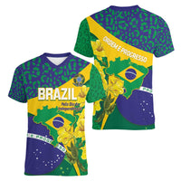 Brazil Independence Day Women V-Neck T-Shirt Ordem e Progresso Map With Golden Trumpet - Wonder Print Shop