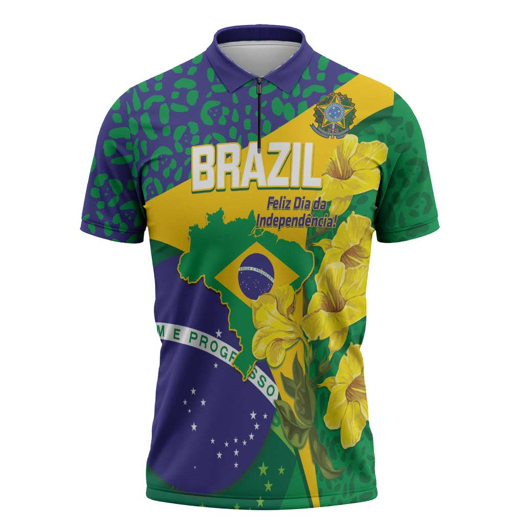 Brazil Independence Day Zipper Polo Shirt Ordem e Progresso Map With Golden Trumpet - Wonder Print Shop