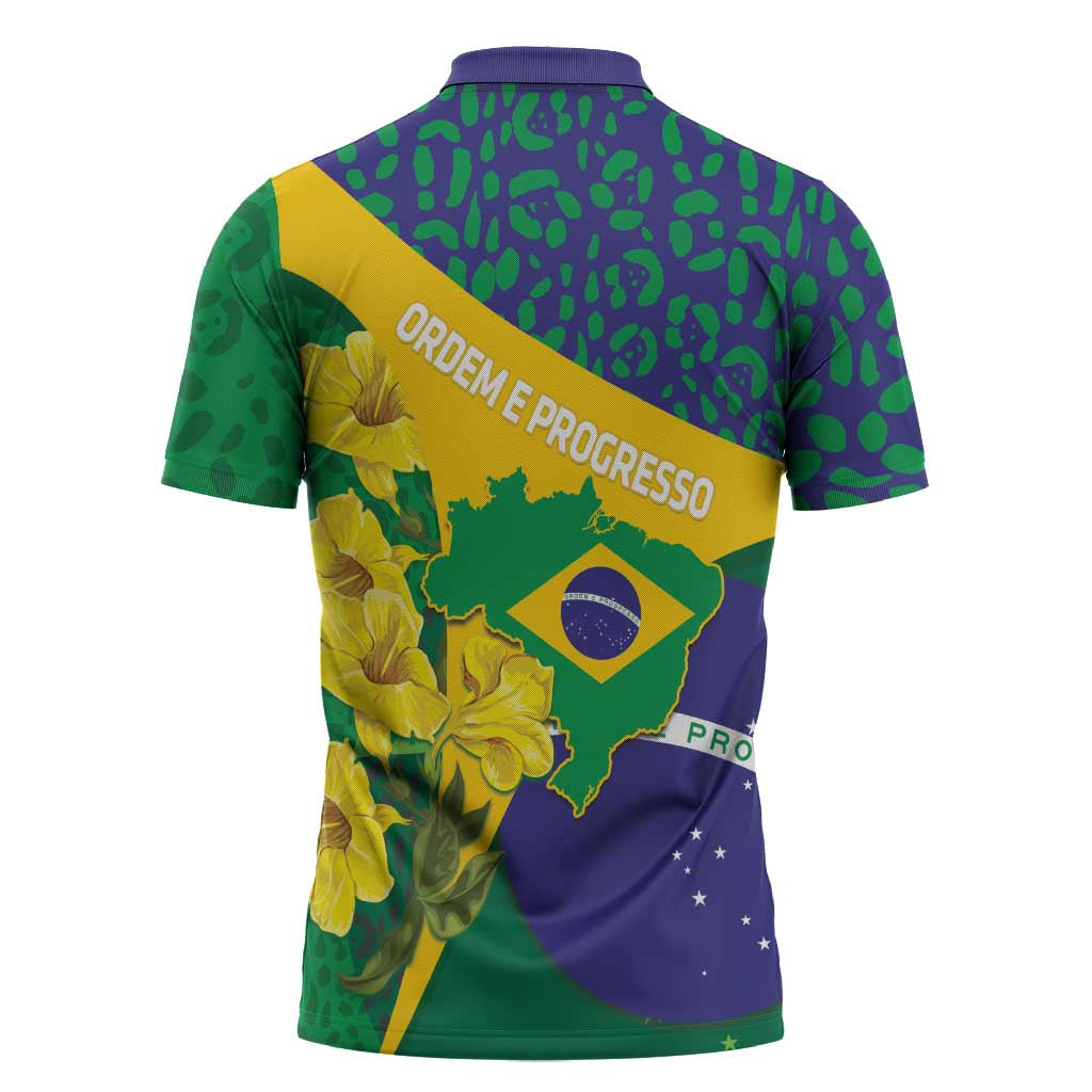 Brazil Independence Day Zipper Polo Shirt Ordem e Progresso Map With Golden Trumpet - Wonder Print Shop