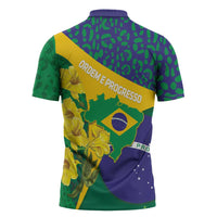 Brazil Independence Day Zipper Polo Shirt Ordem e Progresso Map With Golden Trumpet - Wonder Print Shop