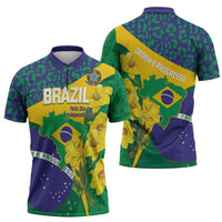 Brazil Independence Day Zipper Polo Shirt Ordem e Progresso Map With Golden Trumpet - Wonder Print Shop