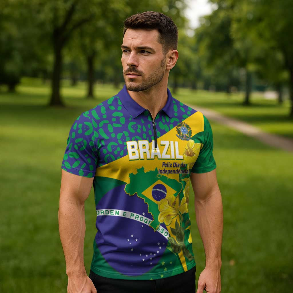 Brazil Independence Day Zipper Polo Shirt Ordem e Progresso Map With Golden Trumpet - Wonder Print Shop