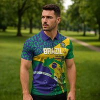 Brazil Independence Day Zipper Polo Shirt Ordem e Progresso Map With Golden Trumpet - Wonder Print Shop