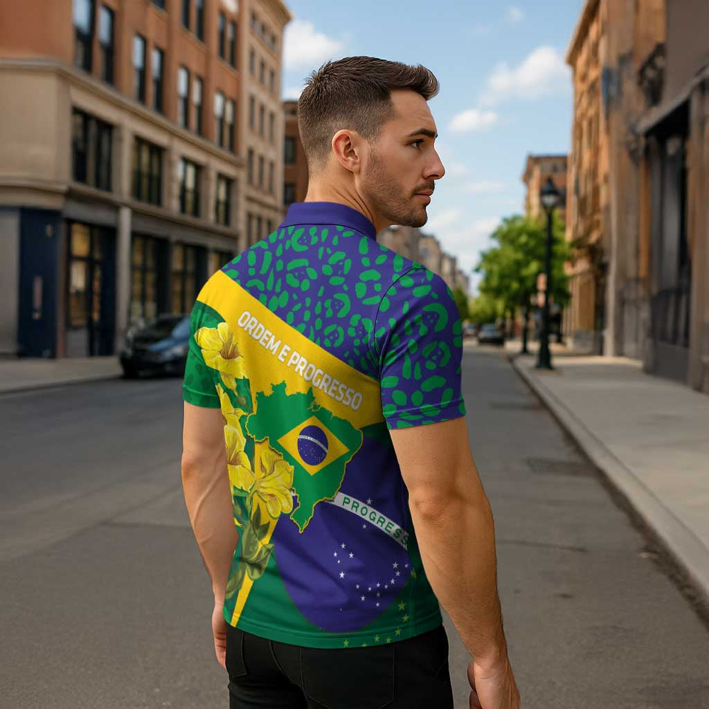 Brazil Independence Day Zipper Polo Shirt Ordem e Progresso Map With Golden Trumpet - Wonder Print Shop