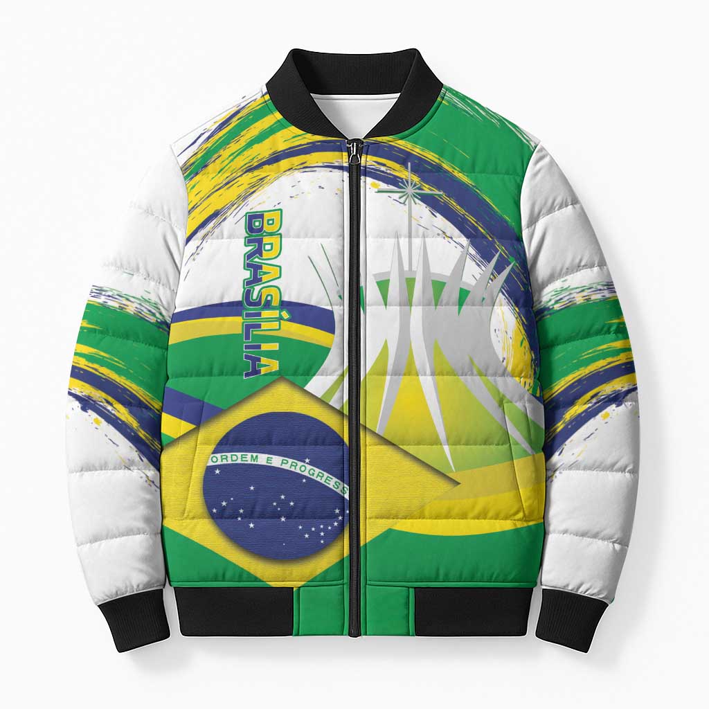 Brasilia Capital Bomber Puffer Jacket Brazil Flag Metropolitan Cathedral - Wonder Print Shop