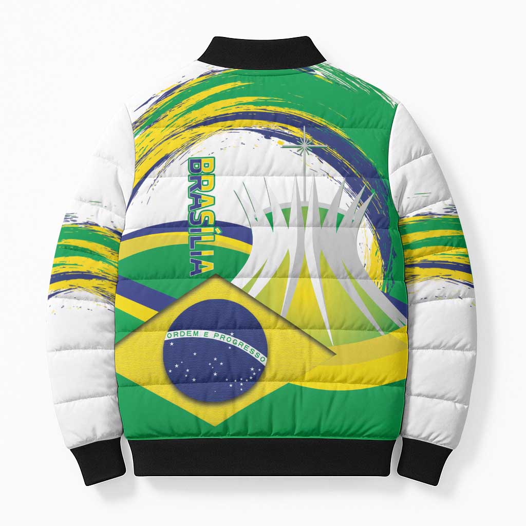 Brasilia Capital Bomber Puffer Jacket Brazil Flag Metropolitan Cathedral - Wonder Print Shop