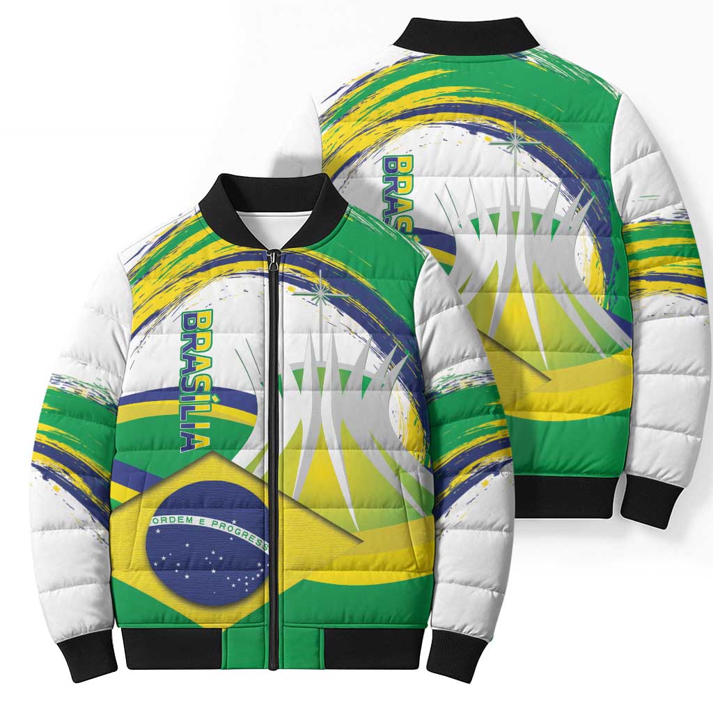 Brasilia Capital Bomber Puffer Jacket Brazil Flag Metropolitan Cathedral - Wonder Print Shop