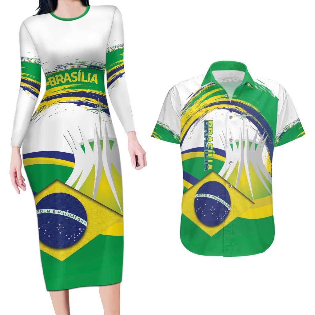 Brasilia Capital Couples Matching Long Sleeve Bodycon Dress and Hawaiian Shirt Brazil Flag Metropolitan Cathedral - Wonder Print Shop