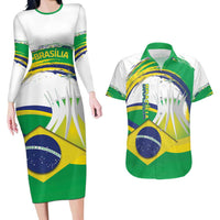 Brasilia Capital Couples Matching Long Sleeve Bodycon Dress and Hawaiian Shirt Brazil Flag Metropolitan Cathedral - Wonder Print Shop