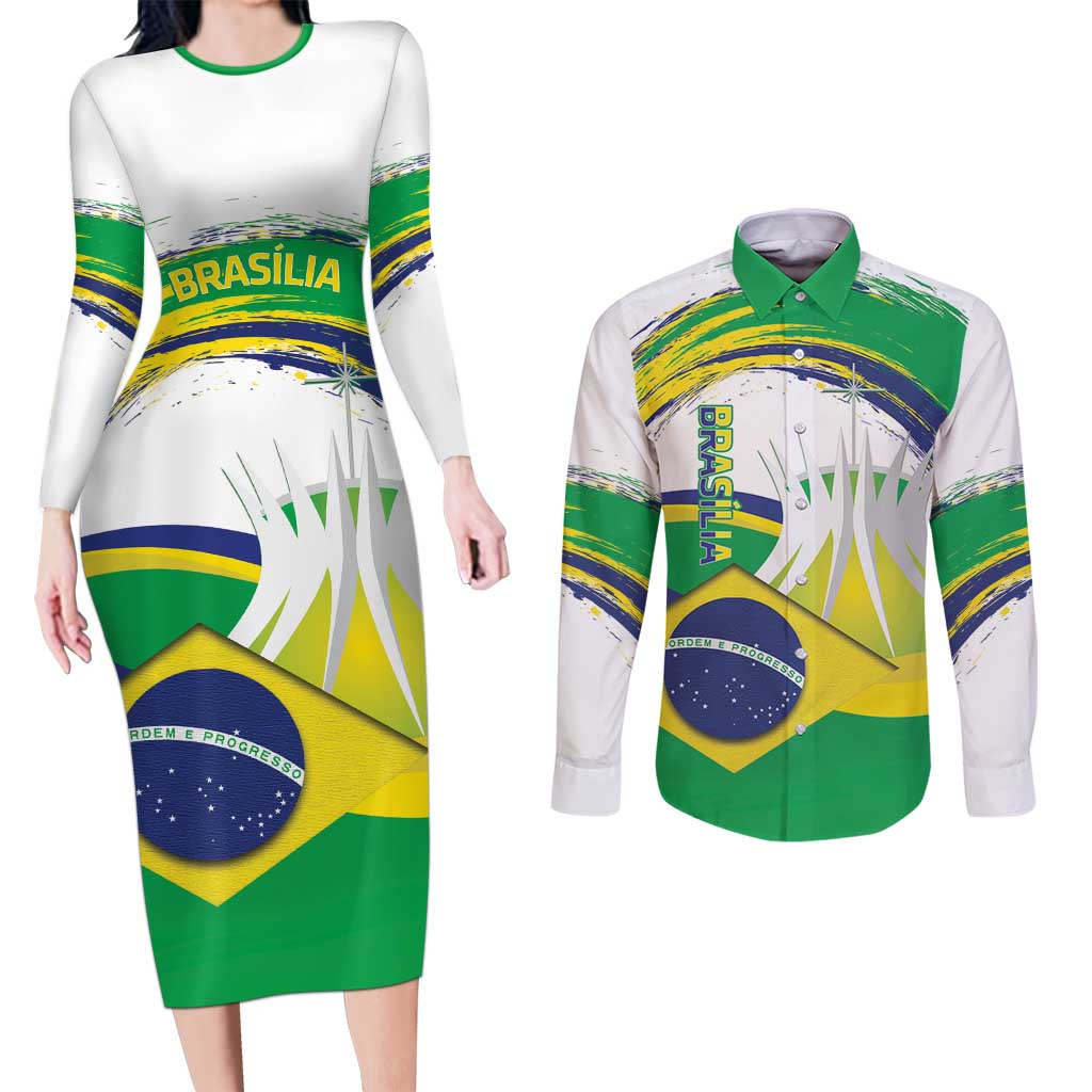 Brasilia Capital Couples Matching Long Sleeve Bodycon Dress and Long Sleeve Button Shirt Brazil Flag Metropolitan Cathedral - Wonder Print Shop