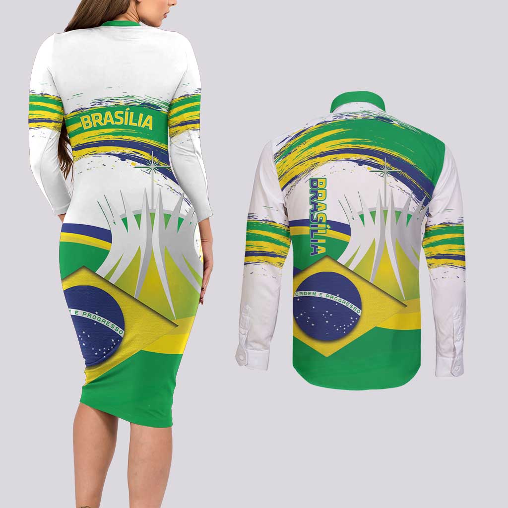 Brasilia Capital Couples Matching Long Sleeve Bodycon Dress and Long Sleeve Button Shirt Brazil Flag Metropolitan Cathedral - Wonder Print Shop