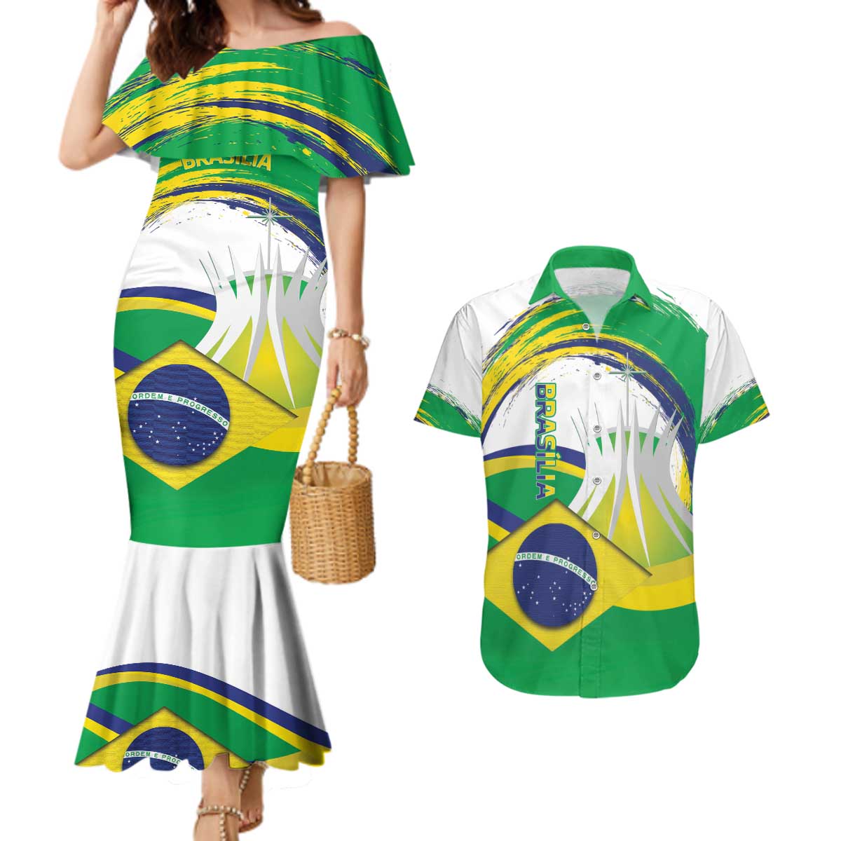 Brasilia Capital Couples Matching Mermaid Dress and Hawaiian Shirt Brazil Flag Metropolitan Cathedral - Wonder Print Shop