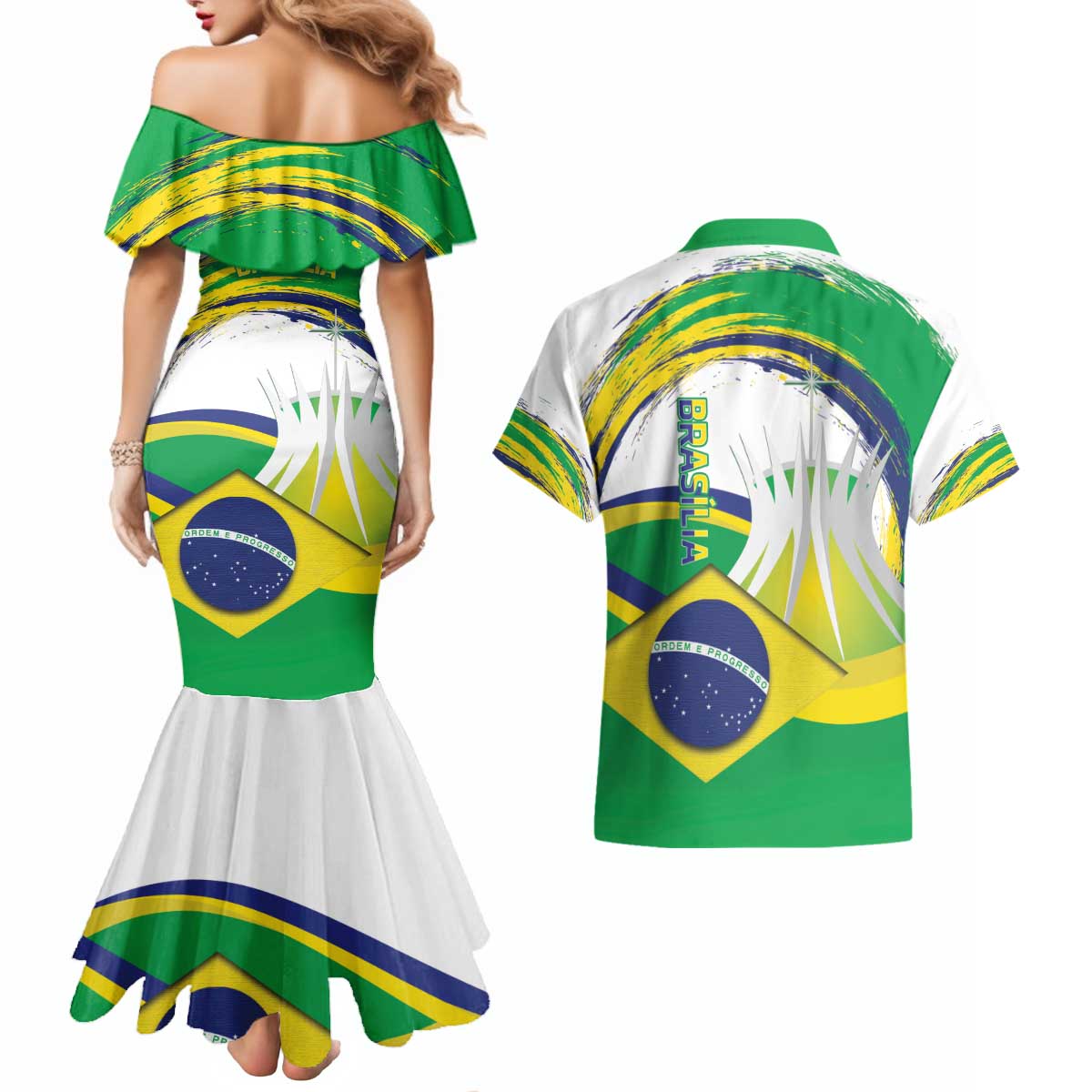 Brasilia Capital Couples Matching Mermaid Dress and Hawaiian Shirt Brazil Flag Metropolitan Cathedral - Wonder Print Shop