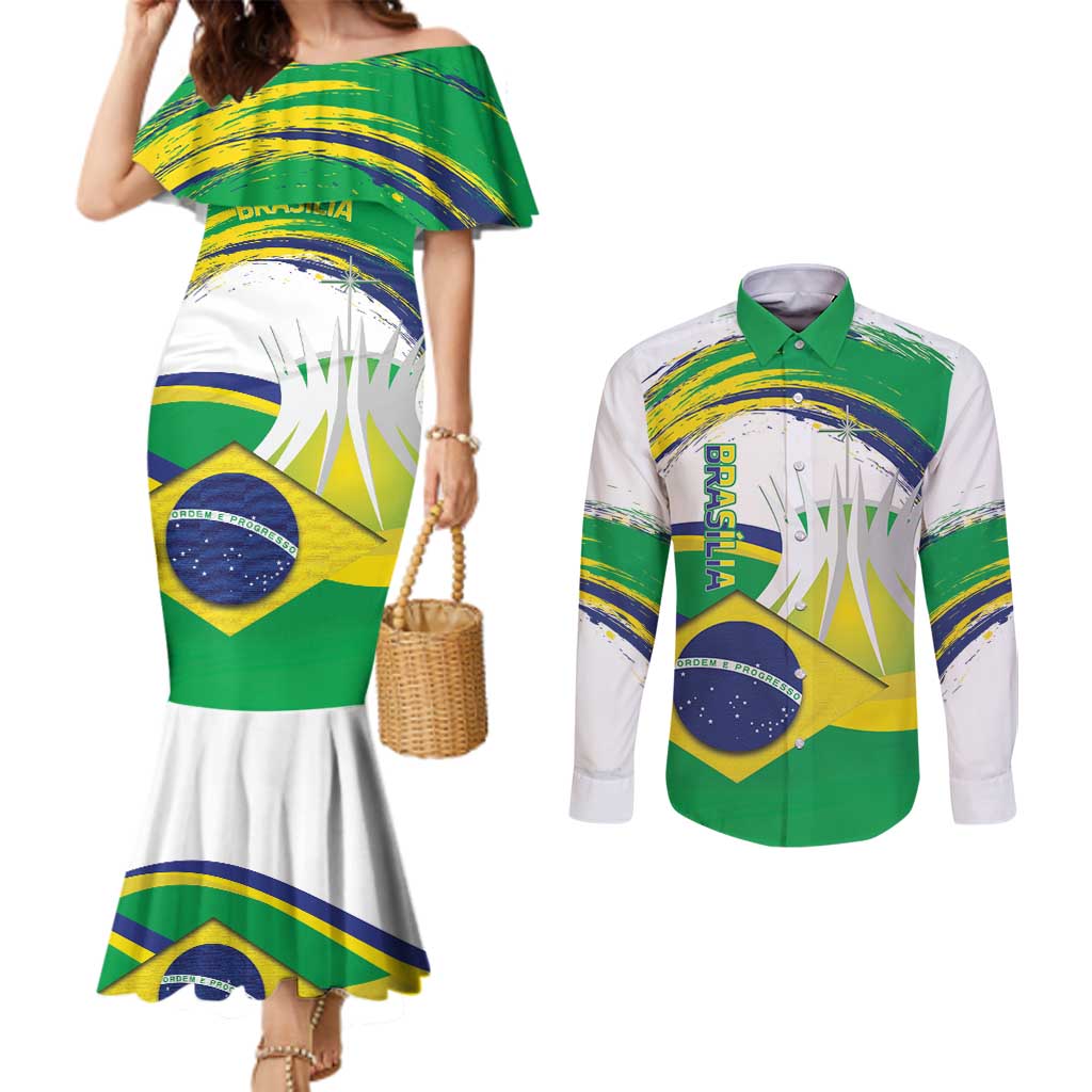 Brasilia Capital Couples Matching Mermaid Dress and Long Sleeve Button Shirt Brazil Flag Metropolitan Cathedral - Wonder Print Shop