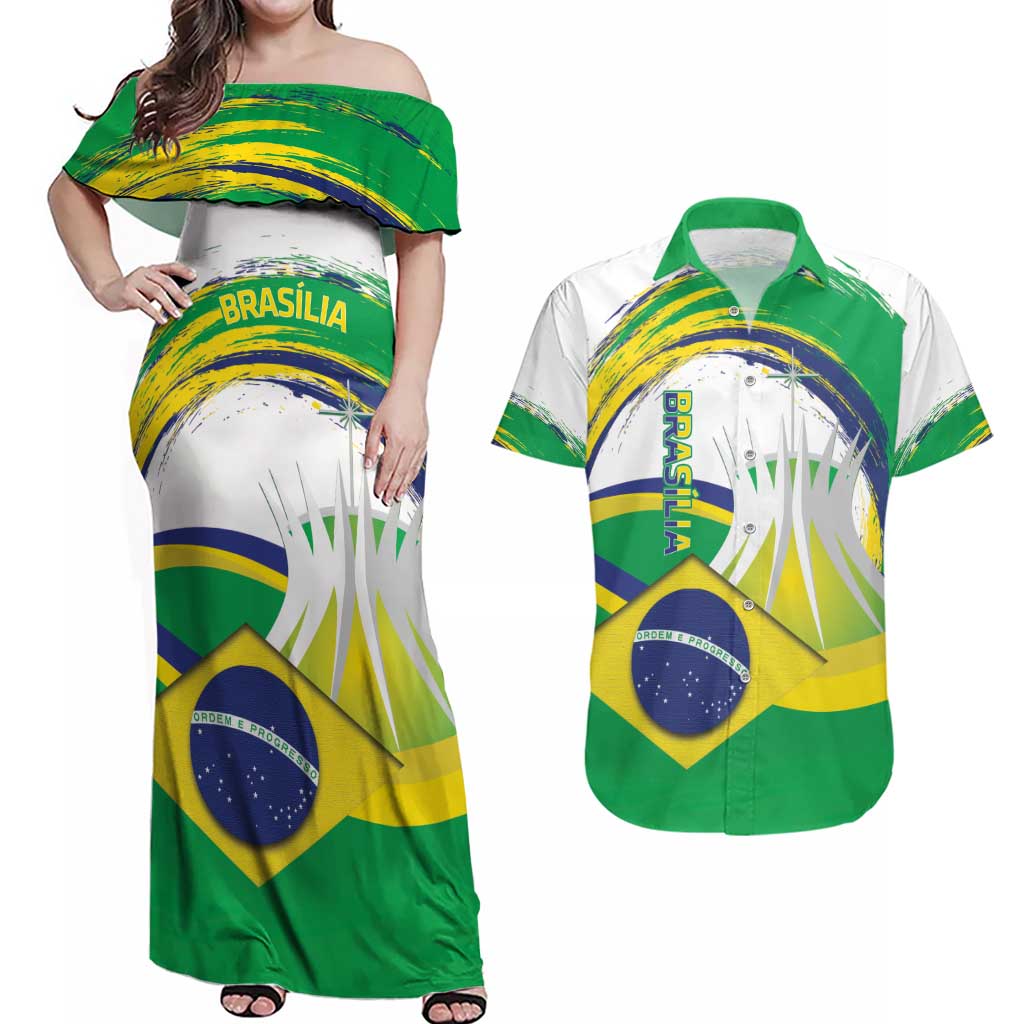 Brasilia Capital Couples Matching Off Shoulder Maxi Dress and Hawaiian Shirt Brazil Flag Metropolitan Cathedral - Wonder Print Shop