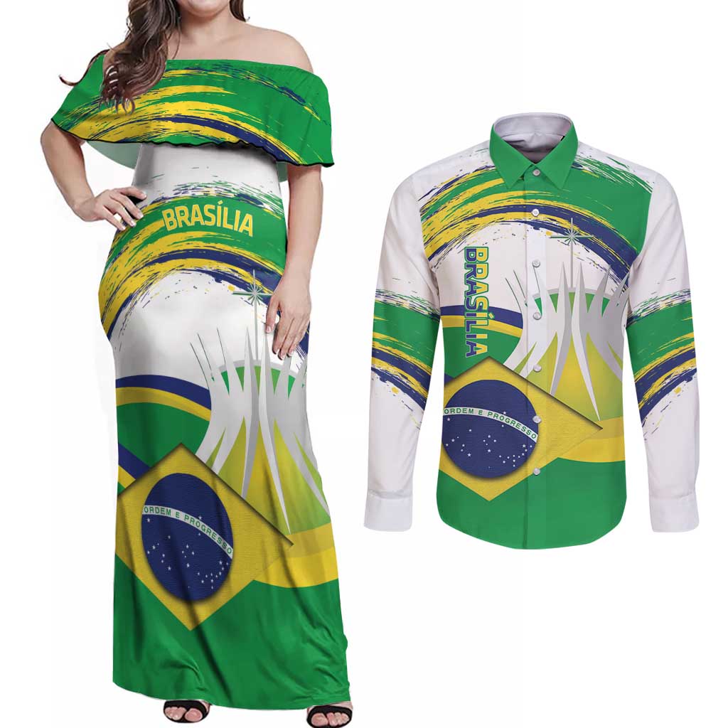 Brasilia Capital Couples Matching Off Shoulder Maxi Dress and Long Sleeve Button Shirt Brazil Flag Metropolitan Cathedral - Wonder Print Shop