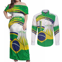 Brasilia Capital Couples Matching Off Shoulder Maxi Dress and Long Sleeve Button Shirt Brazil Flag Metropolitan Cathedral - Wonder Print Shop