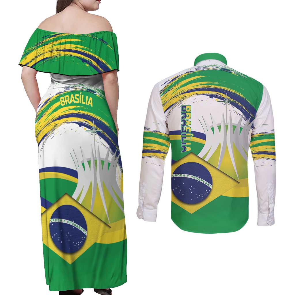 Brasilia Capital Couples Matching Off Shoulder Maxi Dress and Long Sleeve Button Shirt Brazil Flag Metropolitan Cathedral - Wonder Print Shop