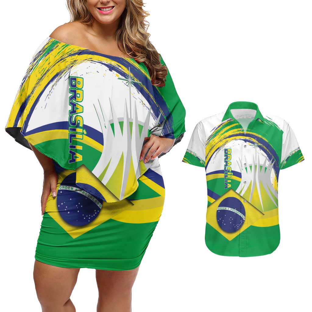 Brasilia Capital Couples Matching Off Shoulder Short Dress and Hawaiian Shirt Brazil Flag Metropolitan Cathedral - Wonder Print Shop