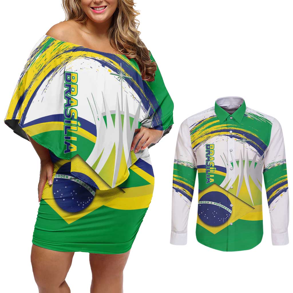 Brasilia Capital Couples Matching Off Shoulder Short Dress and Long Sleeve Button Shirt Brazil Flag Metropolitan Cathedral - Wonder Print Shop