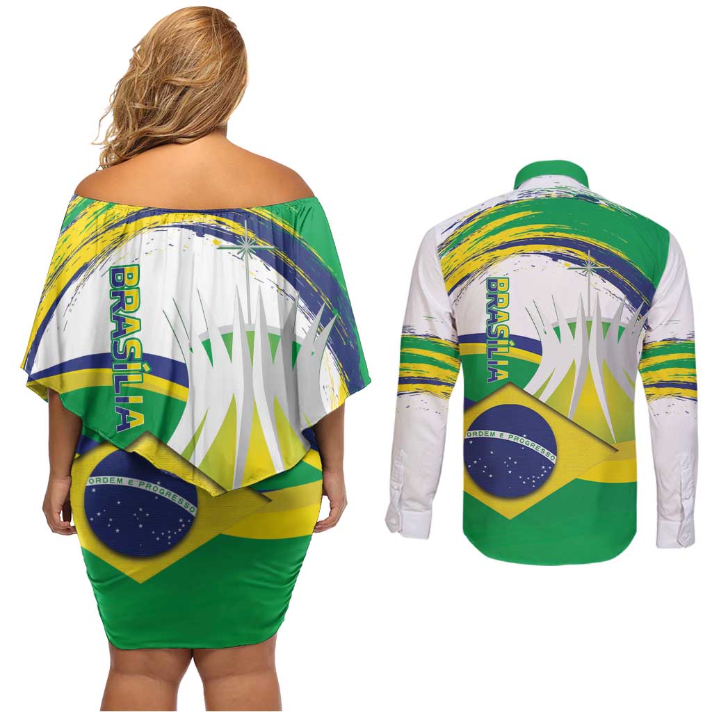 Brasilia Capital Couples Matching Off Shoulder Short Dress and Long Sleeve Button Shirt Brazil Flag Metropolitan Cathedral - Wonder Print Shop
