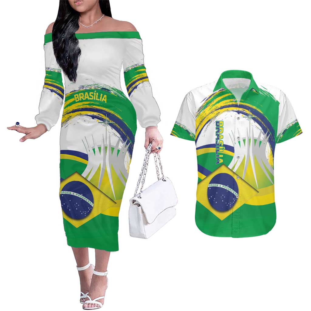 Brasilia Capital Couples Matching Off The Shoulder Long Sleeve Dress and Hawaiian Shirt Brazil Flag Metropolitan Cathedral - Wonder Print Shop