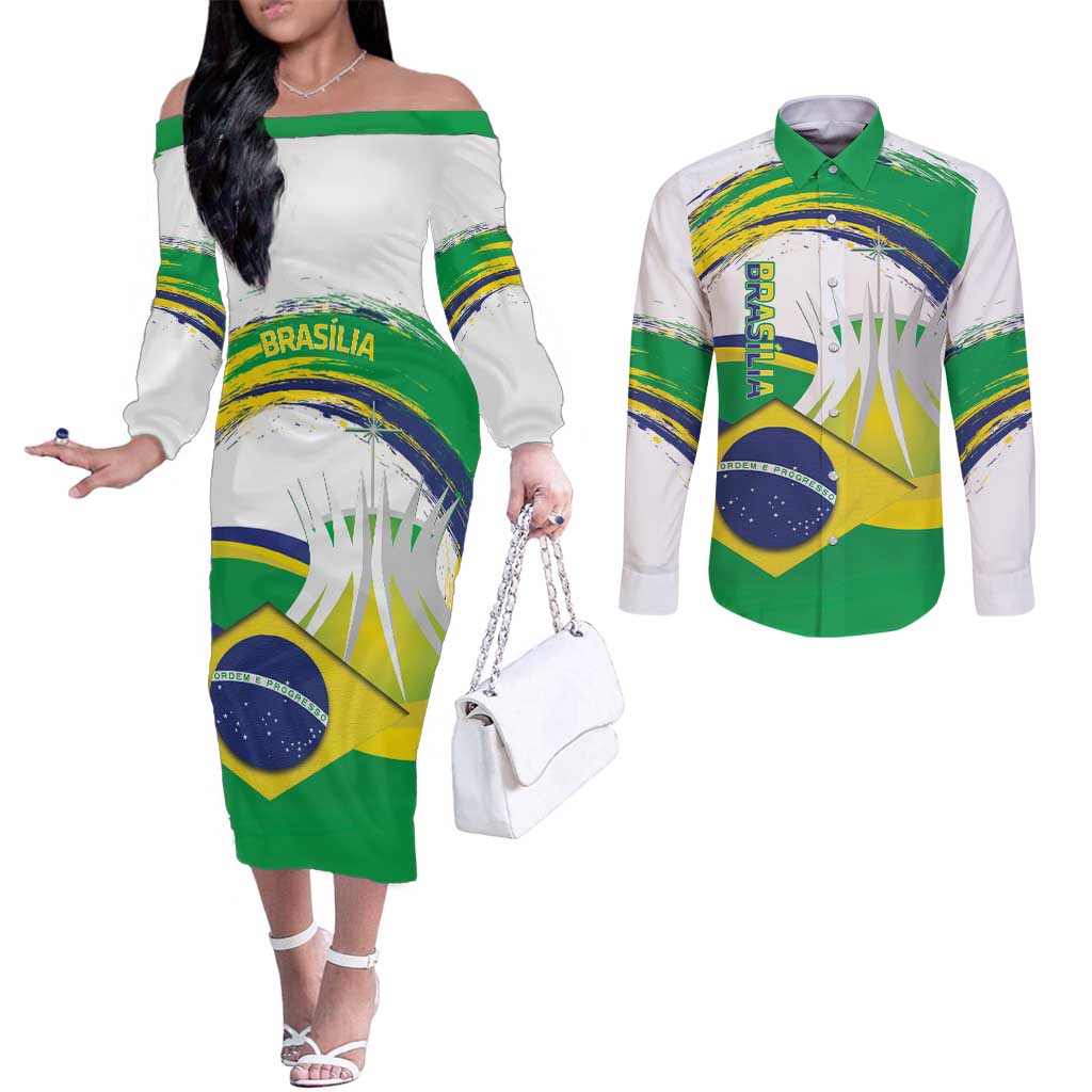 Brasilia Capital Couples Matching Off The Shoulder Long Sleeve Dress and Long Sleeve Button Shirt Brazil Flag Metropolitan Cathedral - Wonder Print Shop