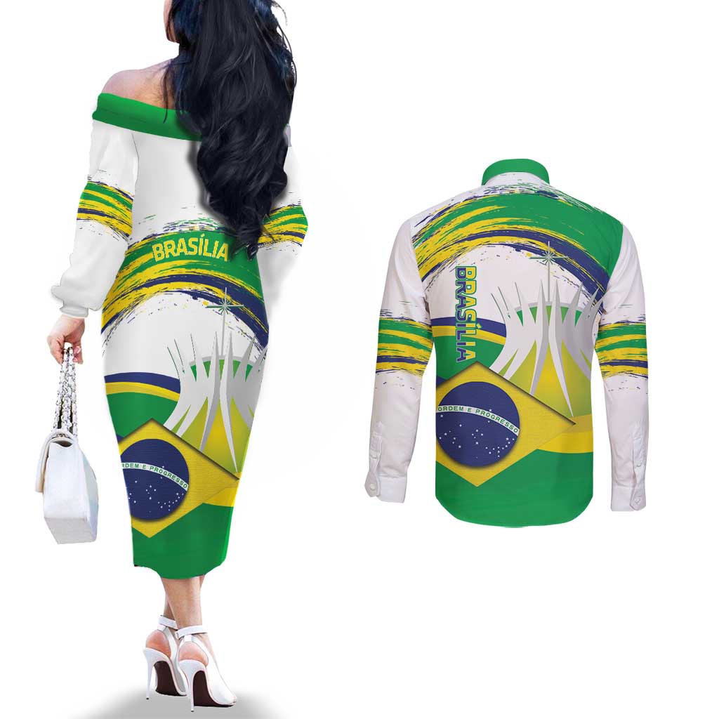 Brasilia Capital Couples Matching Off The Shoulder Long Sleeve Dress and Long Sleeve Button Shirt Brazil Flag Metropolitan Cathedral - Wonder Print Shop