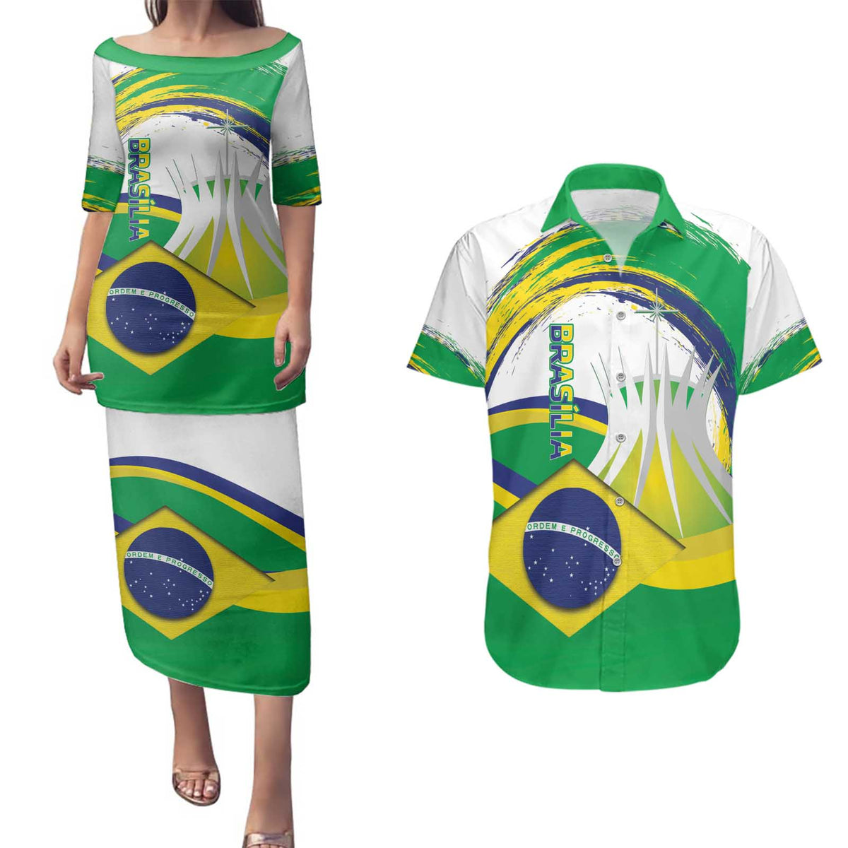 Brasilia Capital Couples Matching Puletasi and Hawaiian Shirt Brazil Flag Metropolitan Cathedral - Wonder Print Shop