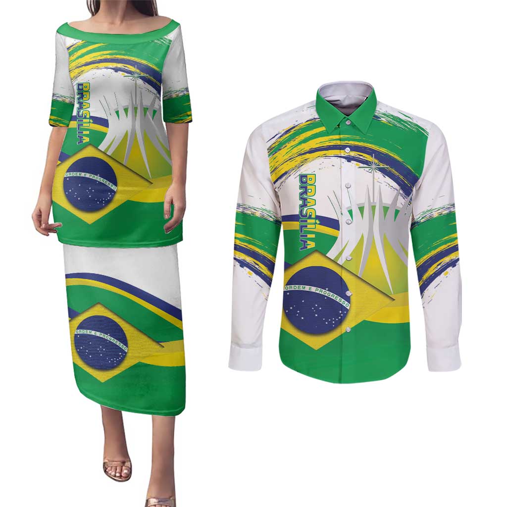Brasilia Capital Couples Matching Puletasi and Long Sleeve Button Shirt Brazil Flag Metropolitan Cathedral - Wonder Print Shop
